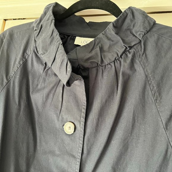 LOFT Navy Jacket with Ruffle Collar, Belted Waist - Size 10 - Picture 2 of 4